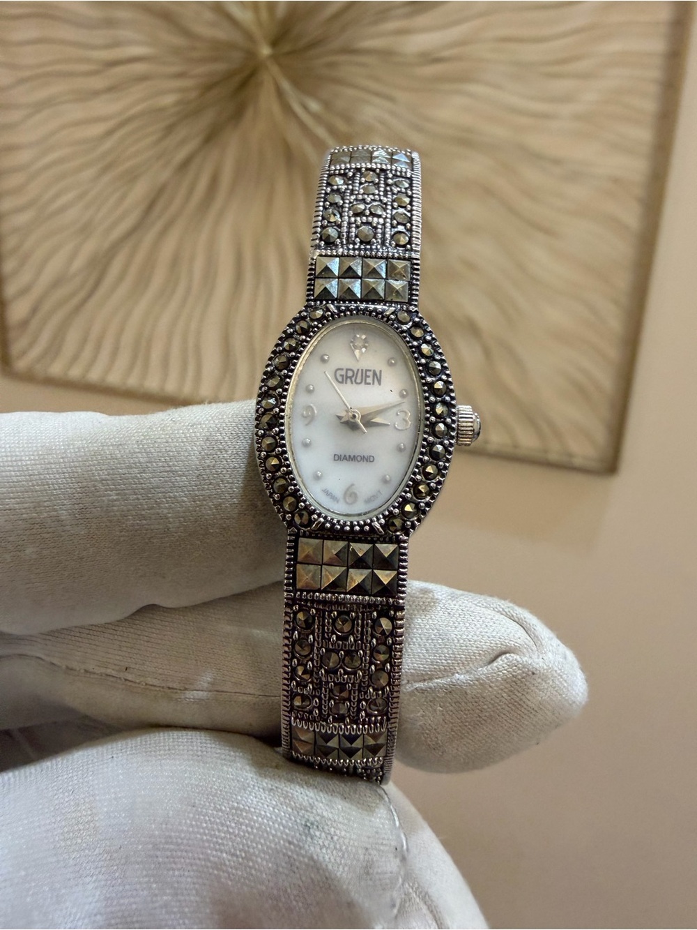 Vintage Gruen Diamond Marcasite Women's Watch Oval MOP Dial GR8289